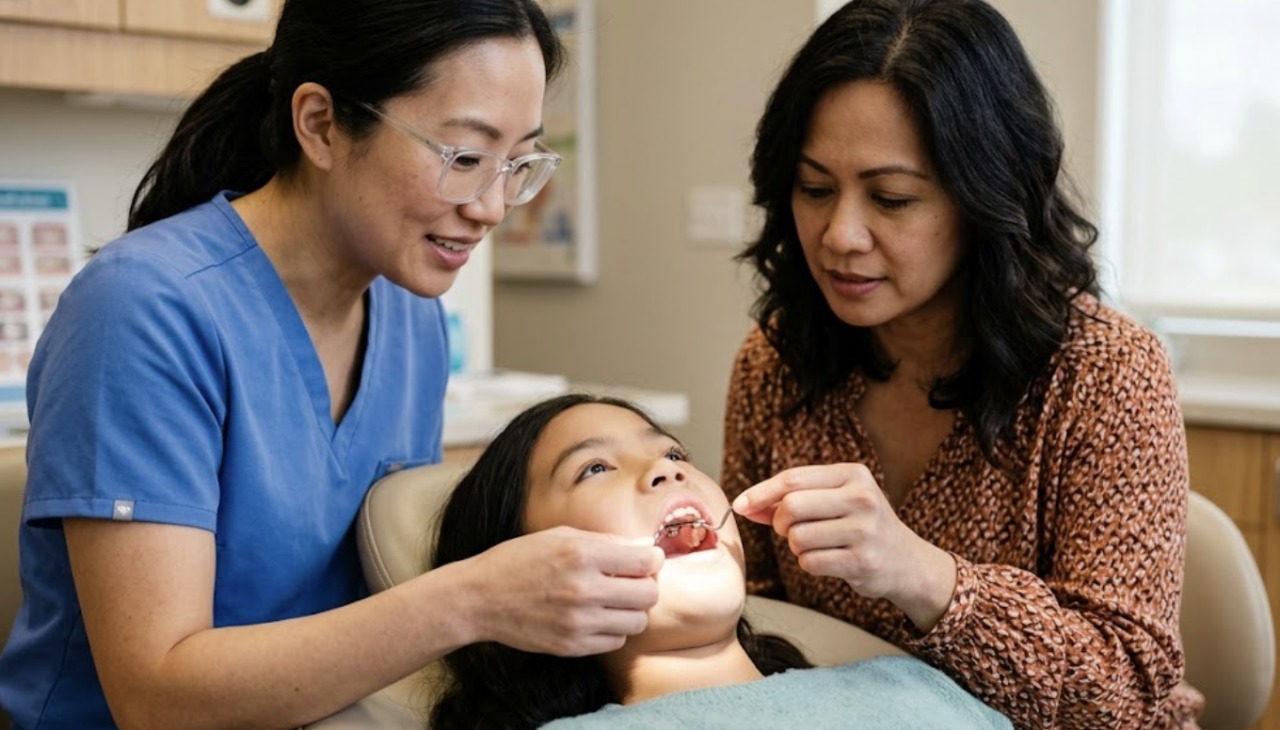 An orthodontist showing a dental model of an expander to a mother and her son at a consultation