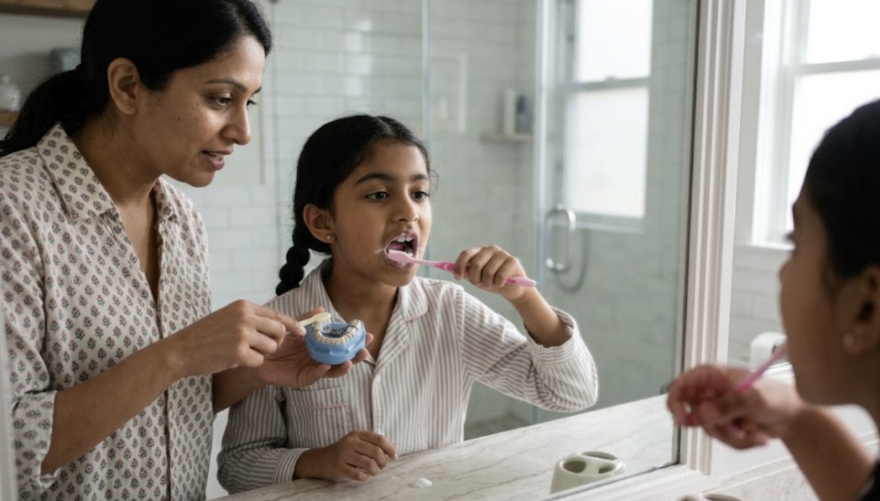 A mother helping her daughter brush her teeth at the bathroom mirror, holding a model of an expander
