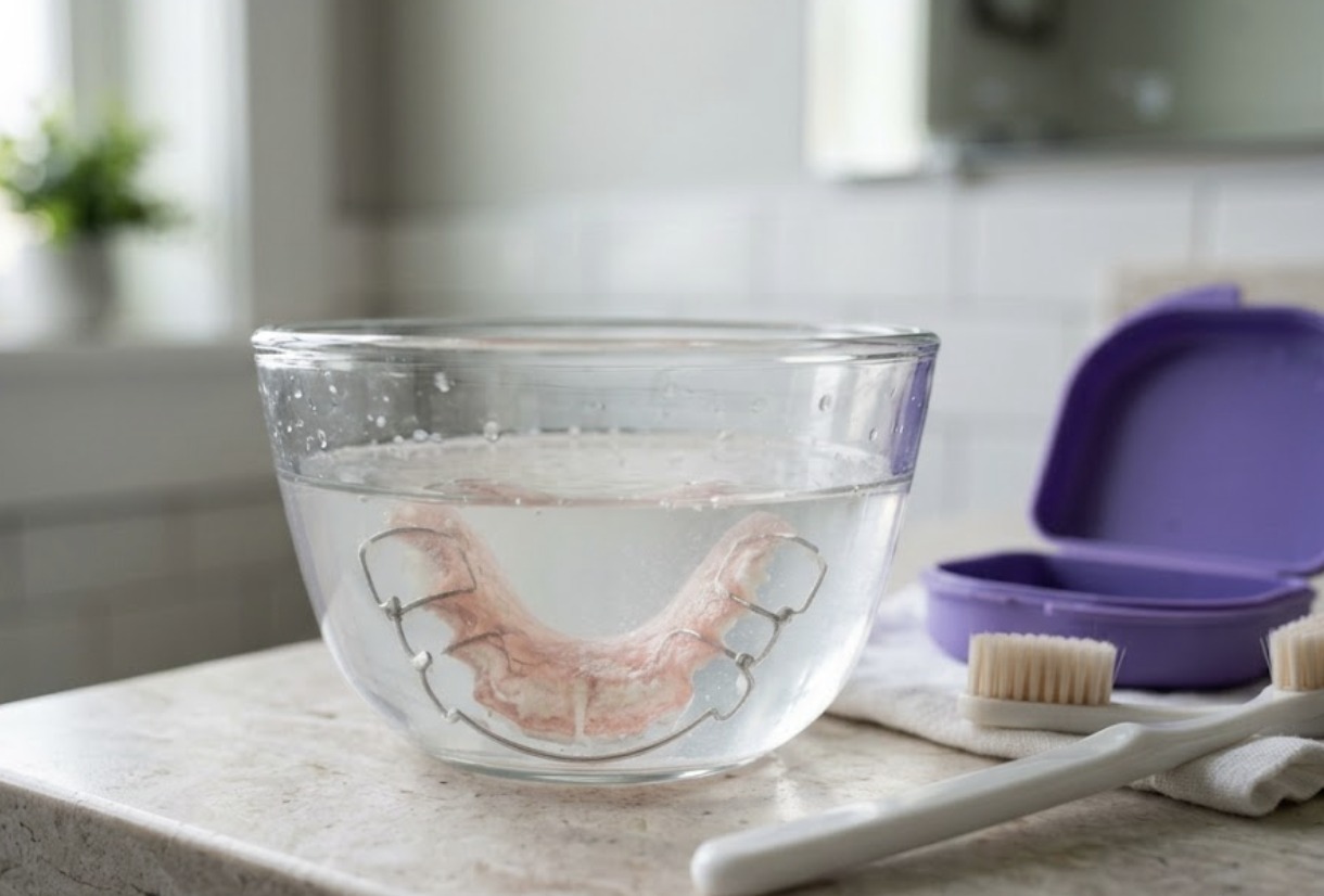 A Hawley retainer soaking in a glass bowl of water next to its case and two toothbrushes A Hawley retainer soaking in a glass bowl of water next to its case and two toothbrushes
