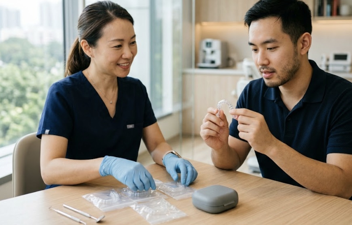 A team member at Jenuine Smiles Orthodontics reviewing a set of clear aligner trays with a patient at a table