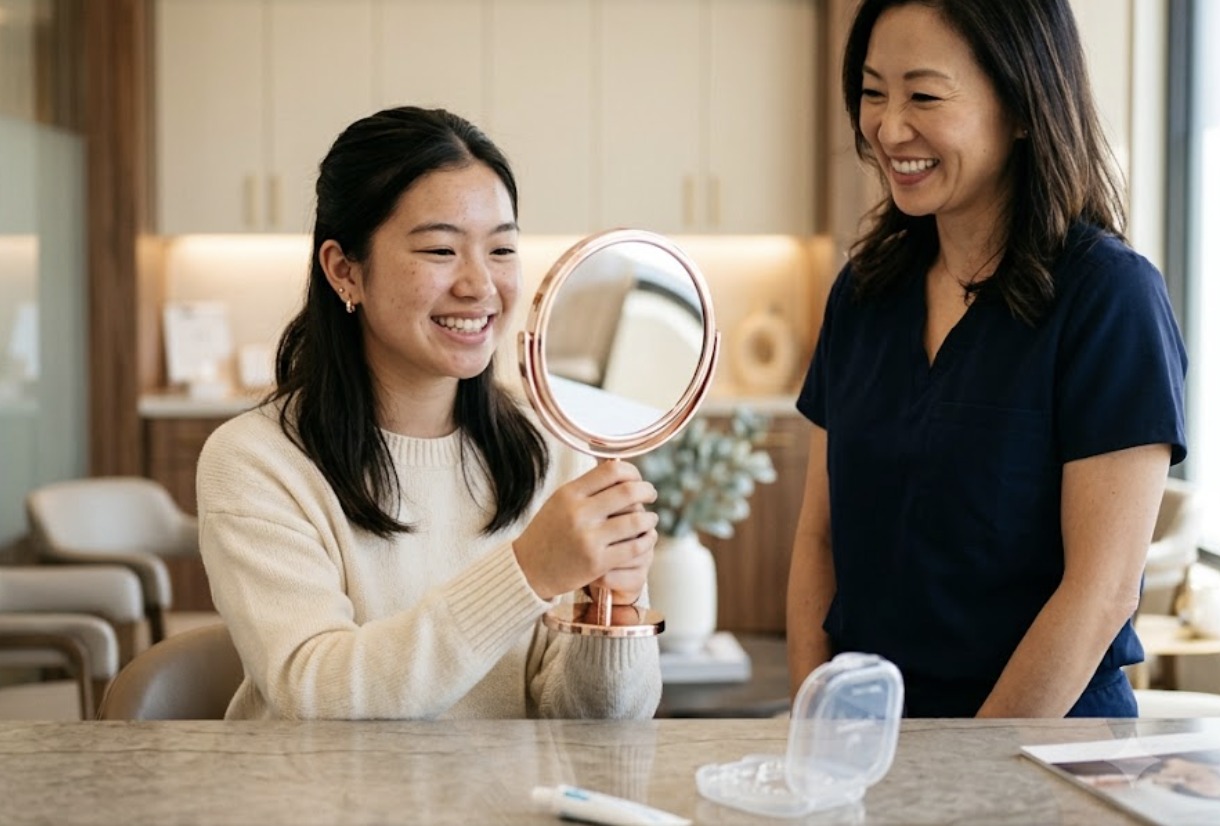 A team member at Jenuine Smiles Orthodontics reviewing a set of clear aligner trays with a patient at a table
