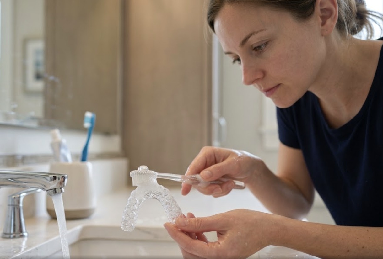 A woman brushing a clear retainer with a separate toothbrush at the bathroom sink