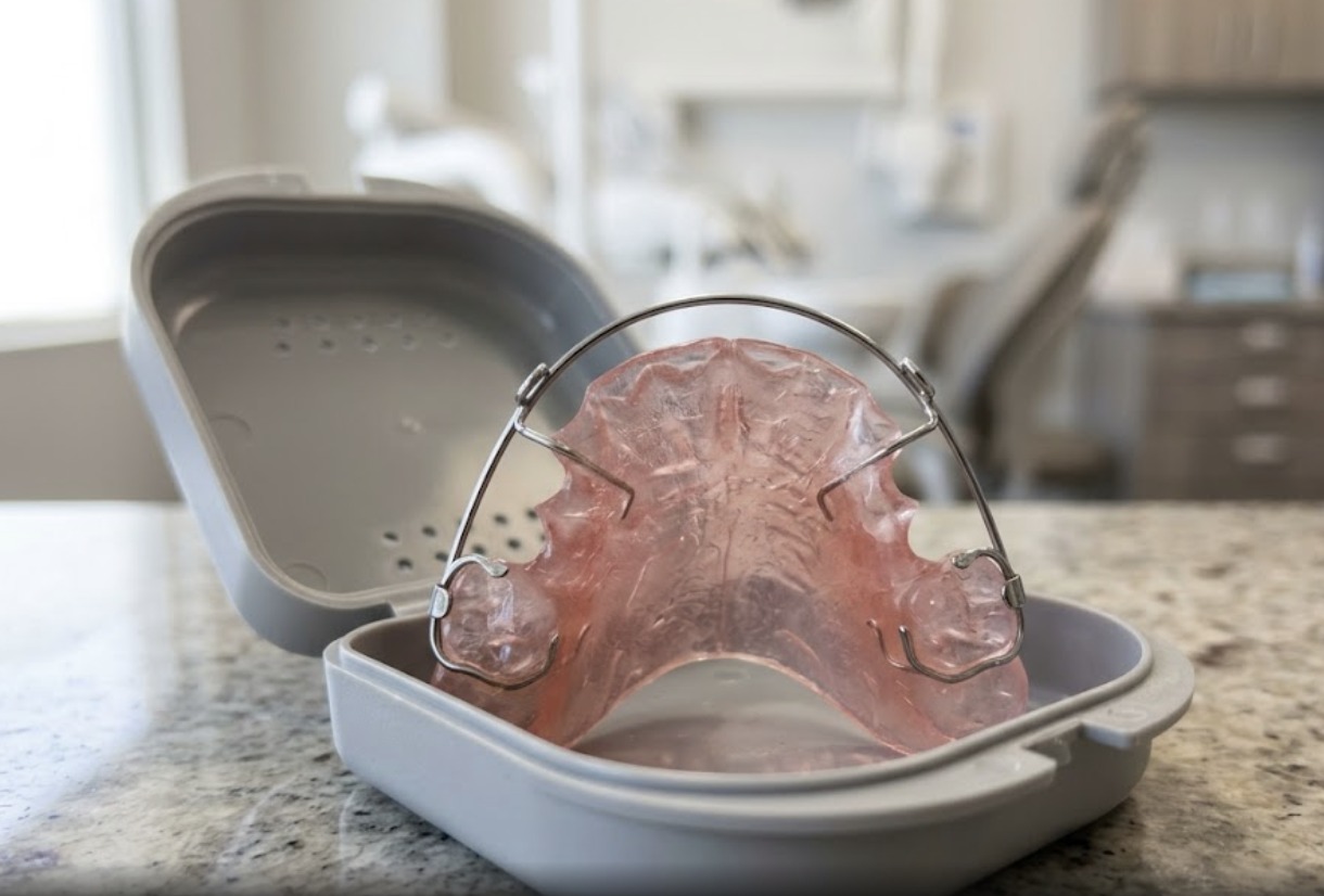 Clear aligner instructions and care A team member at Jenuine Smiles Orthodontics reviewing a set of clear aligner trays with a patient at a table