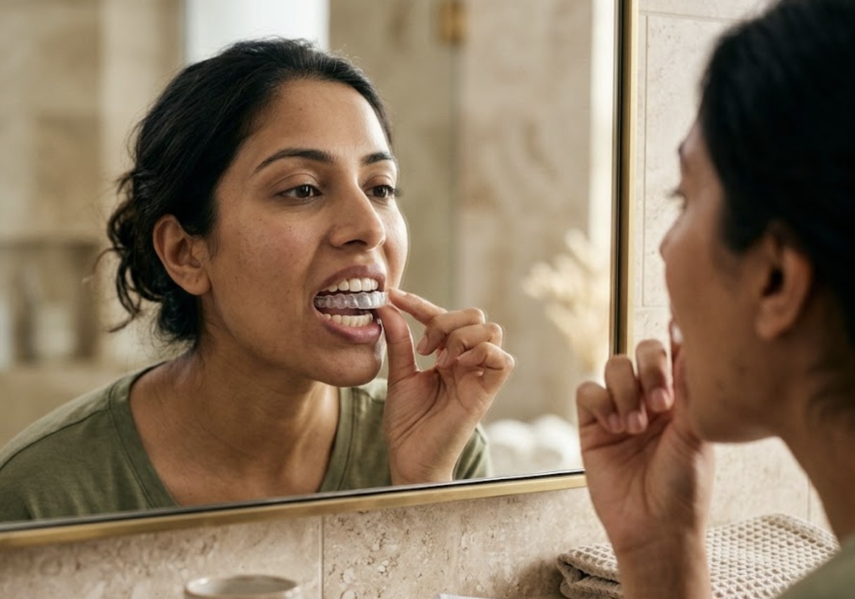 A woman inserting a clear aligner at her front teeth in front of a bathroom mirror