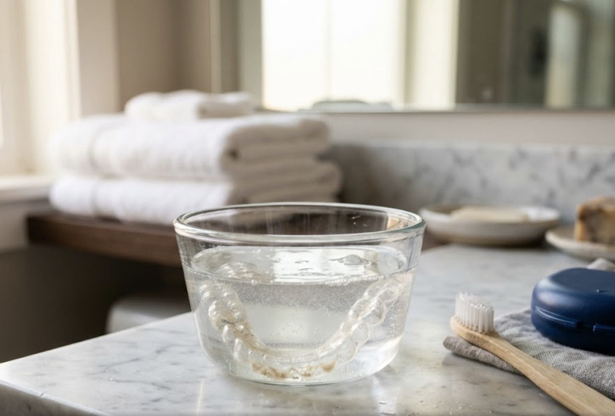 A retainer soaking in a glass bowl of water on a marble bathroom counter