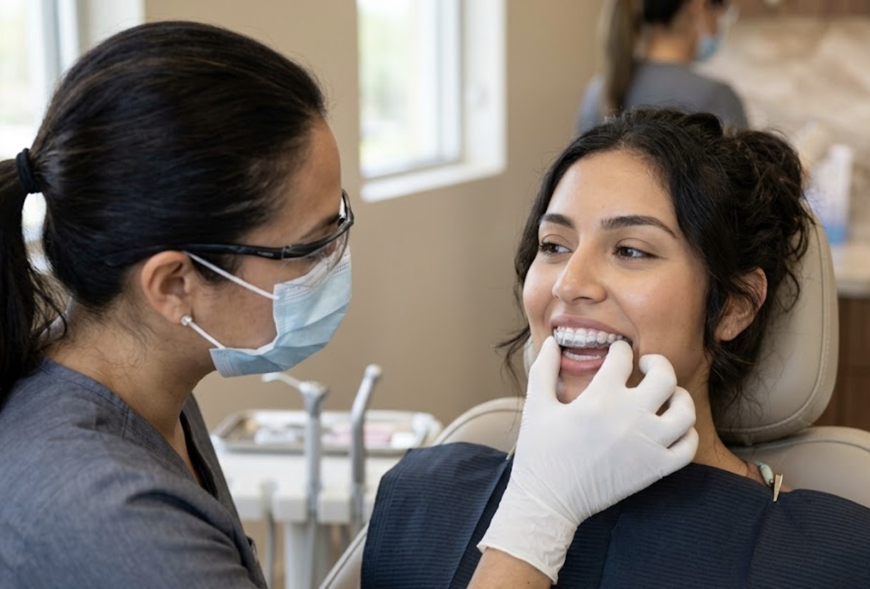 Dr. Jen checking a smiling patient's retainer fit in the dental chair
