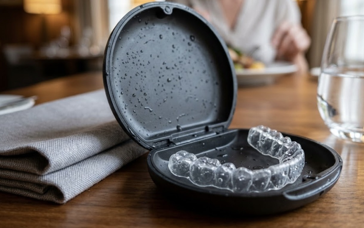 An open aligner case on a restaurant table with a clear aligner tray inside