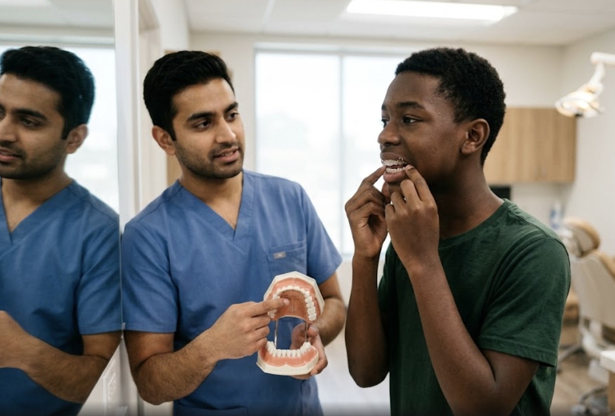 A dental provider showing a model of teeth while a teen patient inserts a retainer A dental provider showing a model of teeth while a teen patient inserts a retainer
