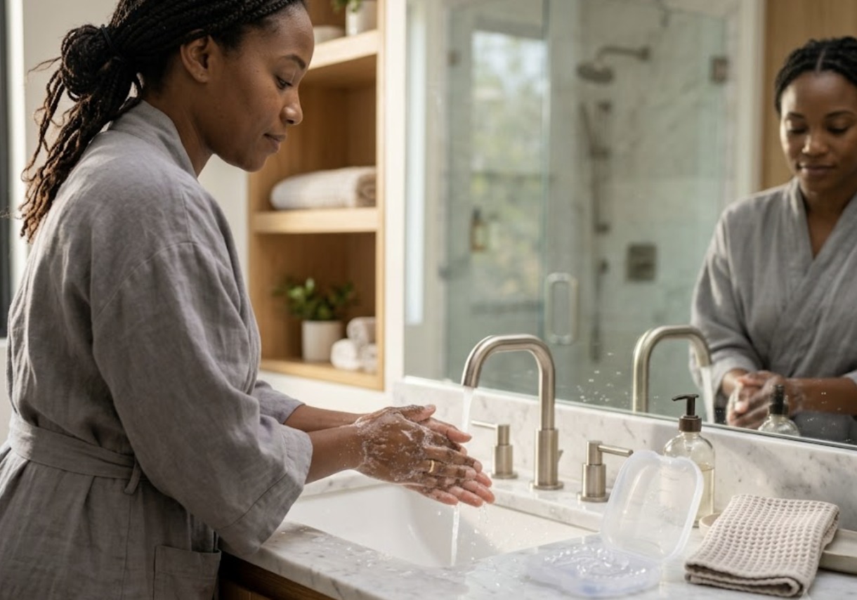 A woman washing her hands before handling clear aligners, with an aligner case on the counter
